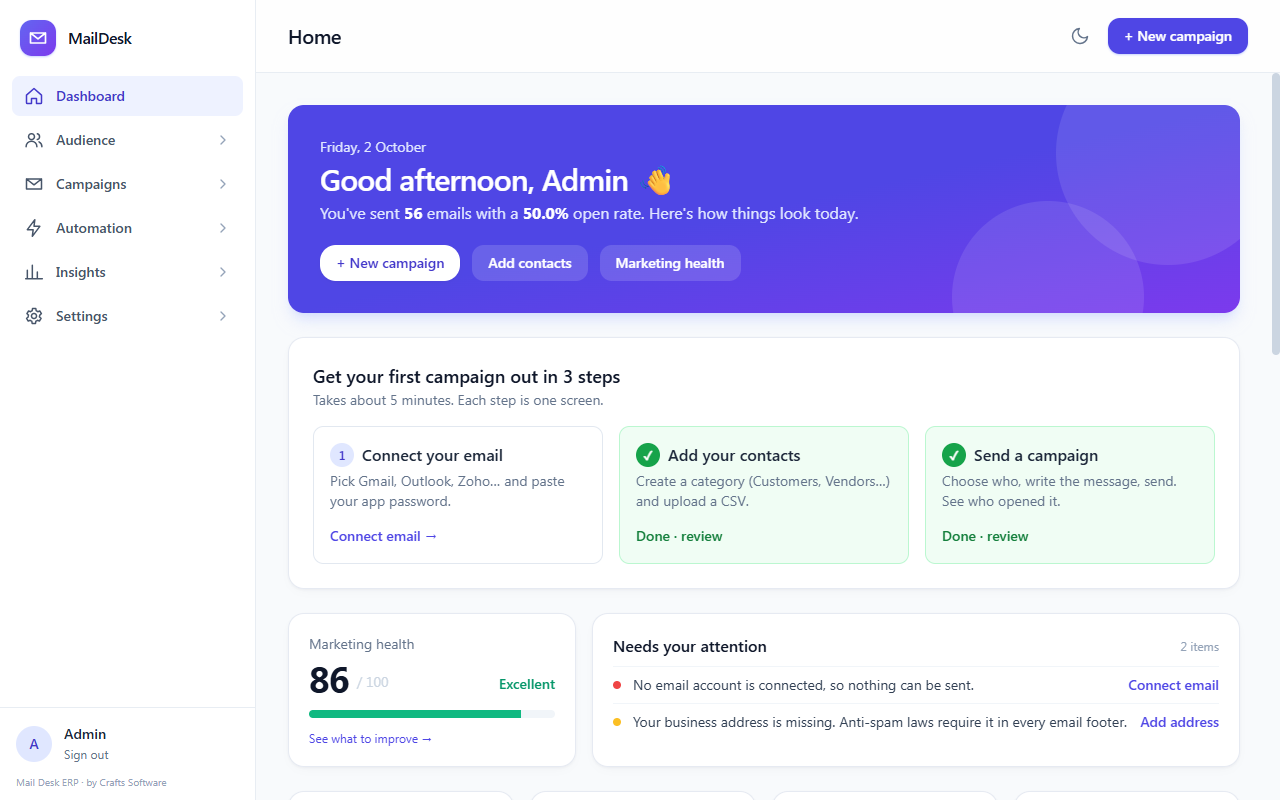 Mail Desk ERP | Bulk Emails, Smart Follow Ups & Marketing Health Dashboard — screenshot 1