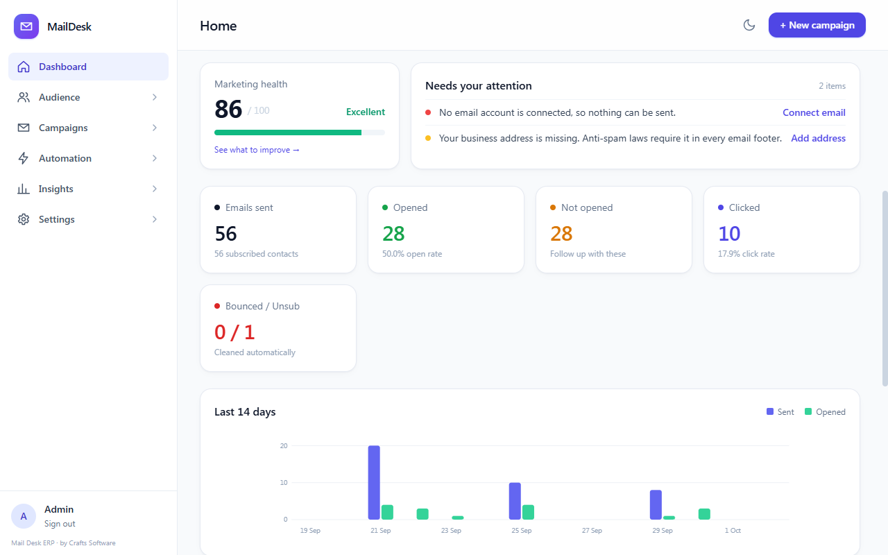 Mail Desk ERP | Bulk Emails, Smart Follow Ups & Marketing Health Dashboard — screenshot 7